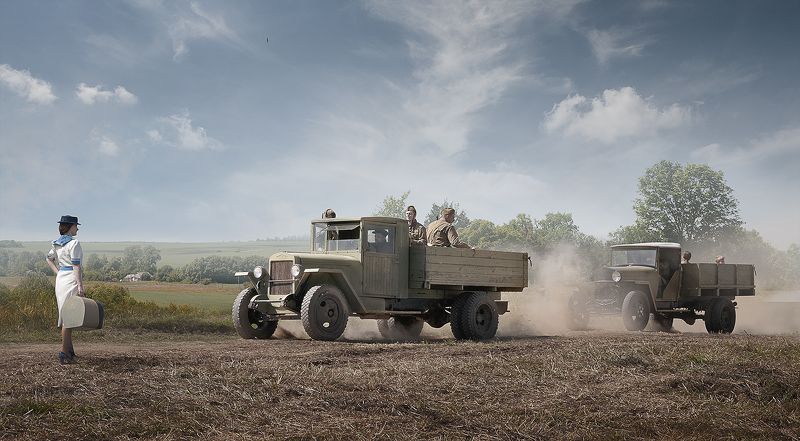 лето, пейзаж, грузовик, попутчица, зис, газ, солдаты. Попутка...photo preview