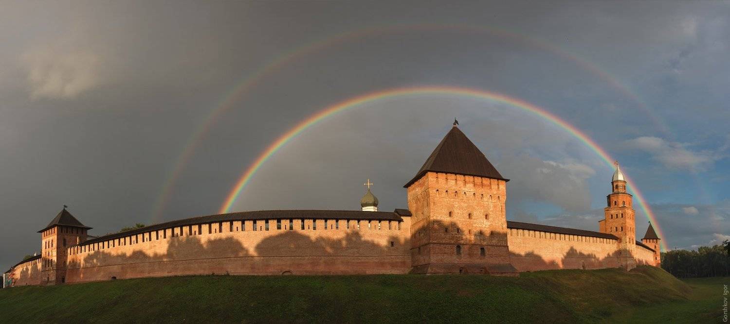 Башни, Дождь, Закат, Кремль, Крепость, Лето, Новгород, Радуга, Стена, Горшков Игорь