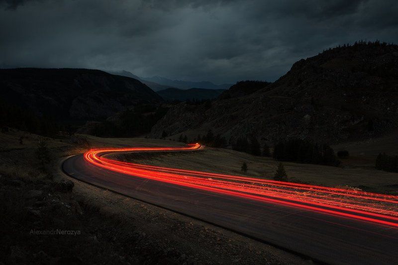 Altai, Altay, Landscape, Nature, Nerozya, Night, Red, Road, Russia, Siberia, Track, Алтай, Горы, Дорога, Красивый, Красный, Ночь, Огни, Пейзаж, Природа, Темный Track in nightphoto preview