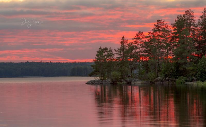 пейзаж, озеро, небо, природа, лето, закат, скалы, отдых Красный вечерphoto preview