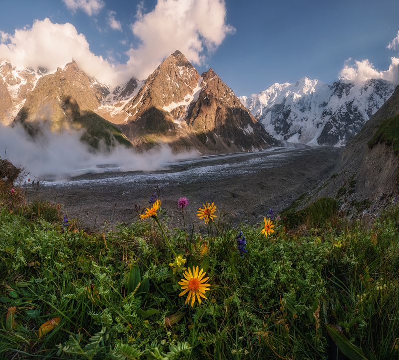 центральный кавказ, безенгийский ледник, дыхтау, пик семеновского, безенгийская стена, закат, июль Безенгийский ледникphoto preview