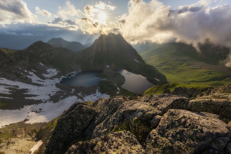 россия, кчр, кавказ, пейзаж, природа, горы, озера, загеданские озера, закат, цветы, сергейалтушкин Загеданские озера фото превью