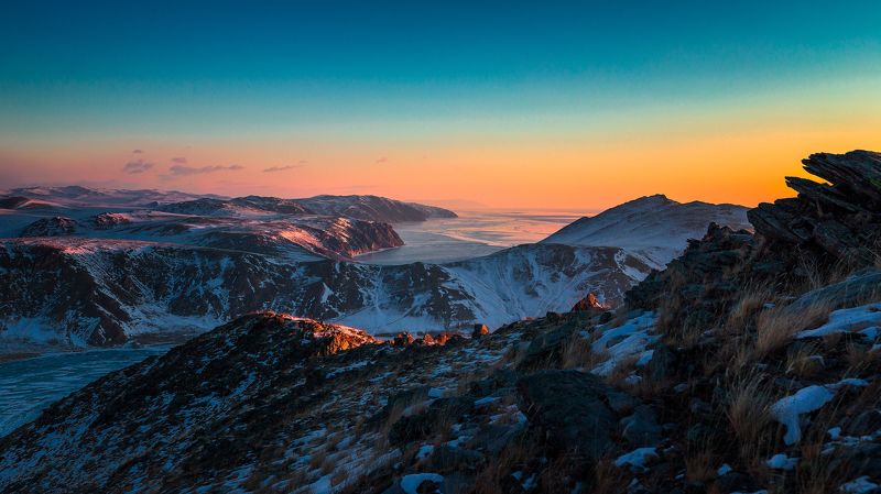 Рассвет, зима, холод, озеро, камни, скалы Рассветphoto preview