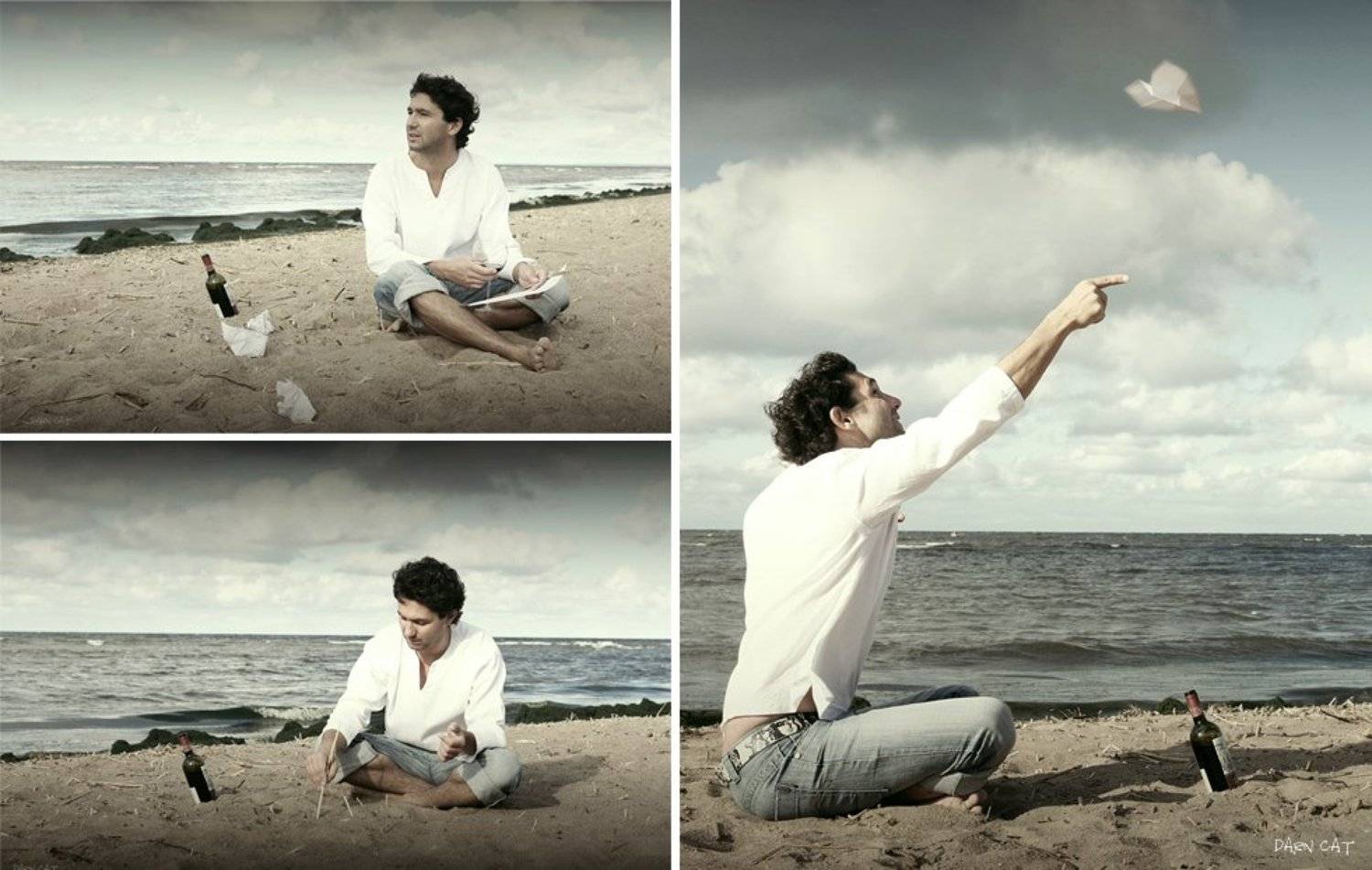 мужчина, берег, на, острове, робинзон, крузо, море, песок, бокал, вино, посылать, сообщения, ждать, ответ, Darn Cat