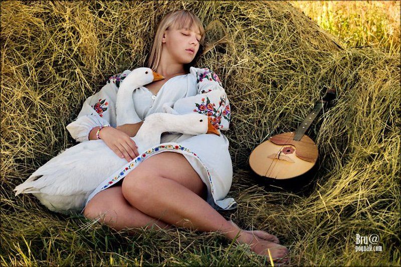 девушка, гуси, сено, сон Птичьи сны..photo preview