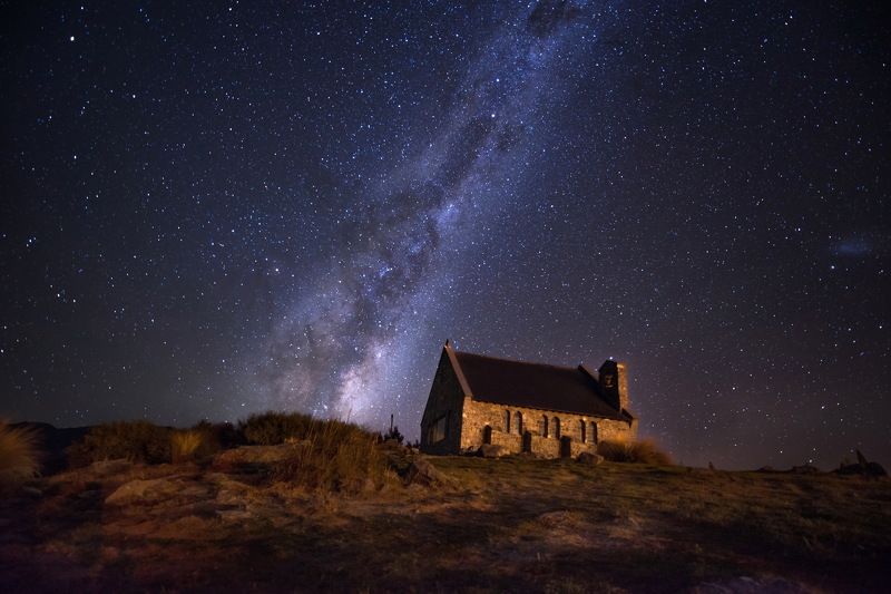 Lake Tekapo, New Zealand, Horizontal, Landscape, Night, Church, Beauty In Nature, Built Structure, Celebrities, Christianity, Church Of The Good Shepherd, Color Image, Grass, Milky Way, Nature, No People, Outdoors, Photography, Sky, Tekapo, Tranquility, T  Church of the Good Shepherdphoto preview