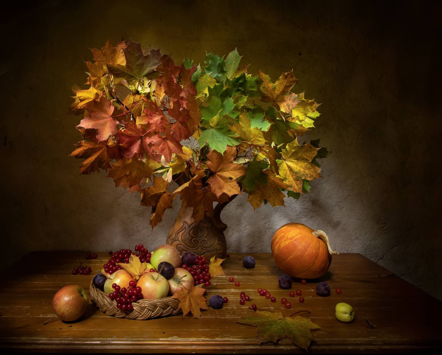 натюрморт, клен, яблоки, калина, тыква, Татьяна Феденкова