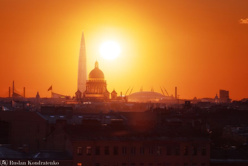 санкт-петербург, закат, исаакиевский собор, лахта-центр, лахта, небоскреб, прострел, зенит арена, газпром арена, композитная фотография, time blending Закат над Санкт-Петербургомphoto preview