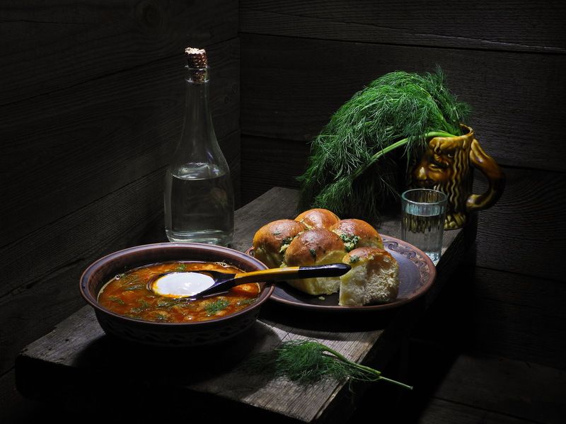 еда, борщ, суп, пампушки, хлеб, водка, самогон, укроп, петрушка, Борщ украинский с пампушками.photo preview