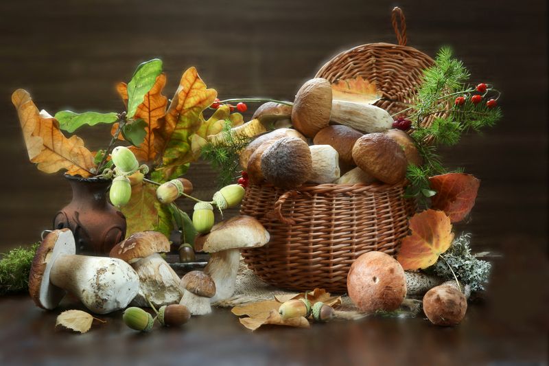 натюрморт, грибы, корзина, листья, желуди Грибной фото превью