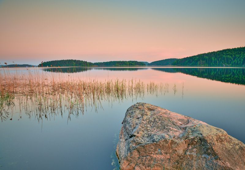 карелия, ладога, закат, штиль, озеро, гладь воды, залив, на берегу, Ноль по Бофортуphoto preview