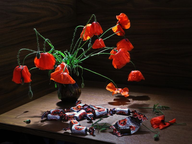 цветы, букет, красный мак, конфеты, шоколад, мак, Красный мак.photo preview