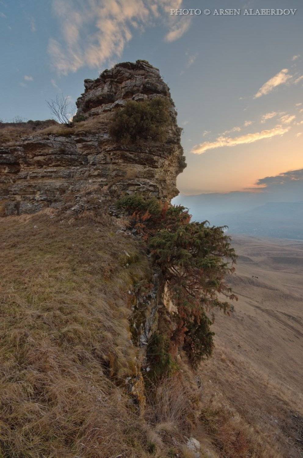 И НА КАМНЯХ РАСТУТ ДЕРЕВЬЯ. Автор: Арсен Алабердов Вечер, Вечернее небо, Дерево, Закат, Карачаево-Черкесия, Облака, ОБРЫВ, Скала, Скалы, Арсен Алабердов