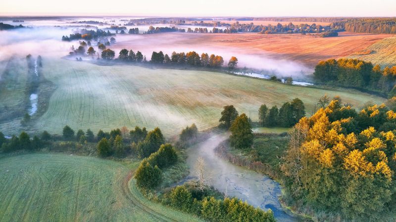 беларусь, деревня, дорога, осень, поля, рассвет, река, сентябрь, туман, уса, утро Верасеньphoto preview