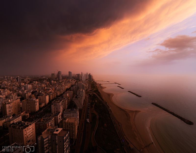 tel aviv, israel, city, urban, architecture, cityscape, roof, netania, rain, thunderstorm, sea, sunset Thunderstorm in netanyaphoto preview