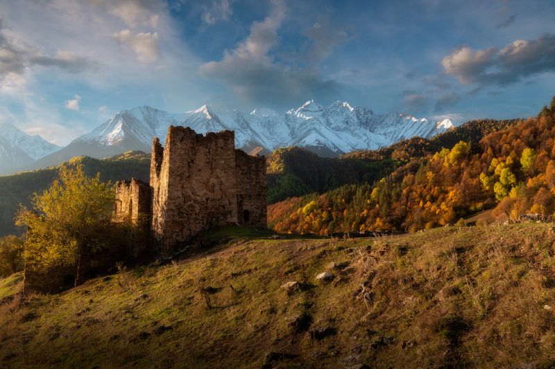 осень, горы, башни, Кавказ, Ингушетия Осеннее утро у башен Келиphoto preview