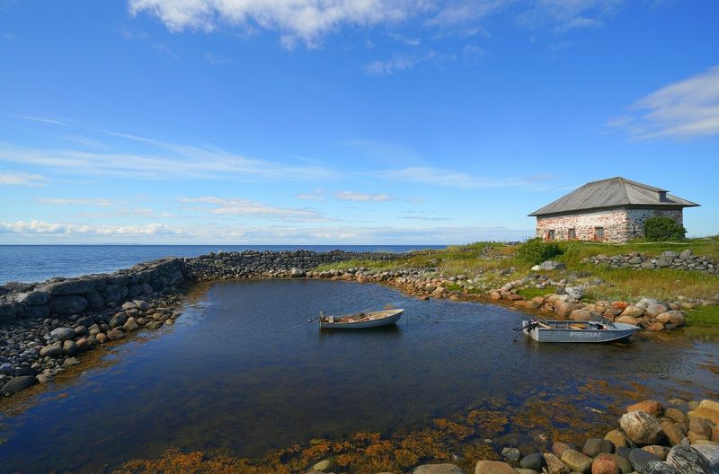 shore, boat, sea, island, sky, summer, landscape, horizon Summer morningphoto preview