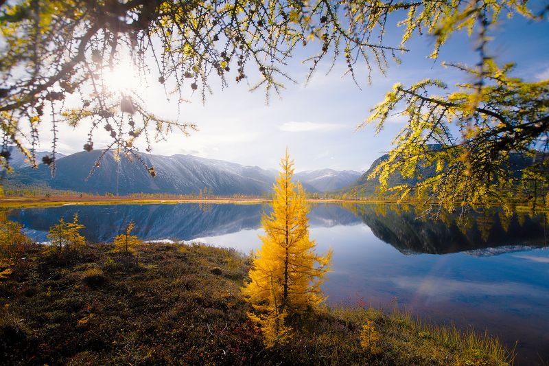 Колыма Магадан осень тайга горы снег солнце озеро Джека Лондона Озеро Джека Лондонаphoto preview
