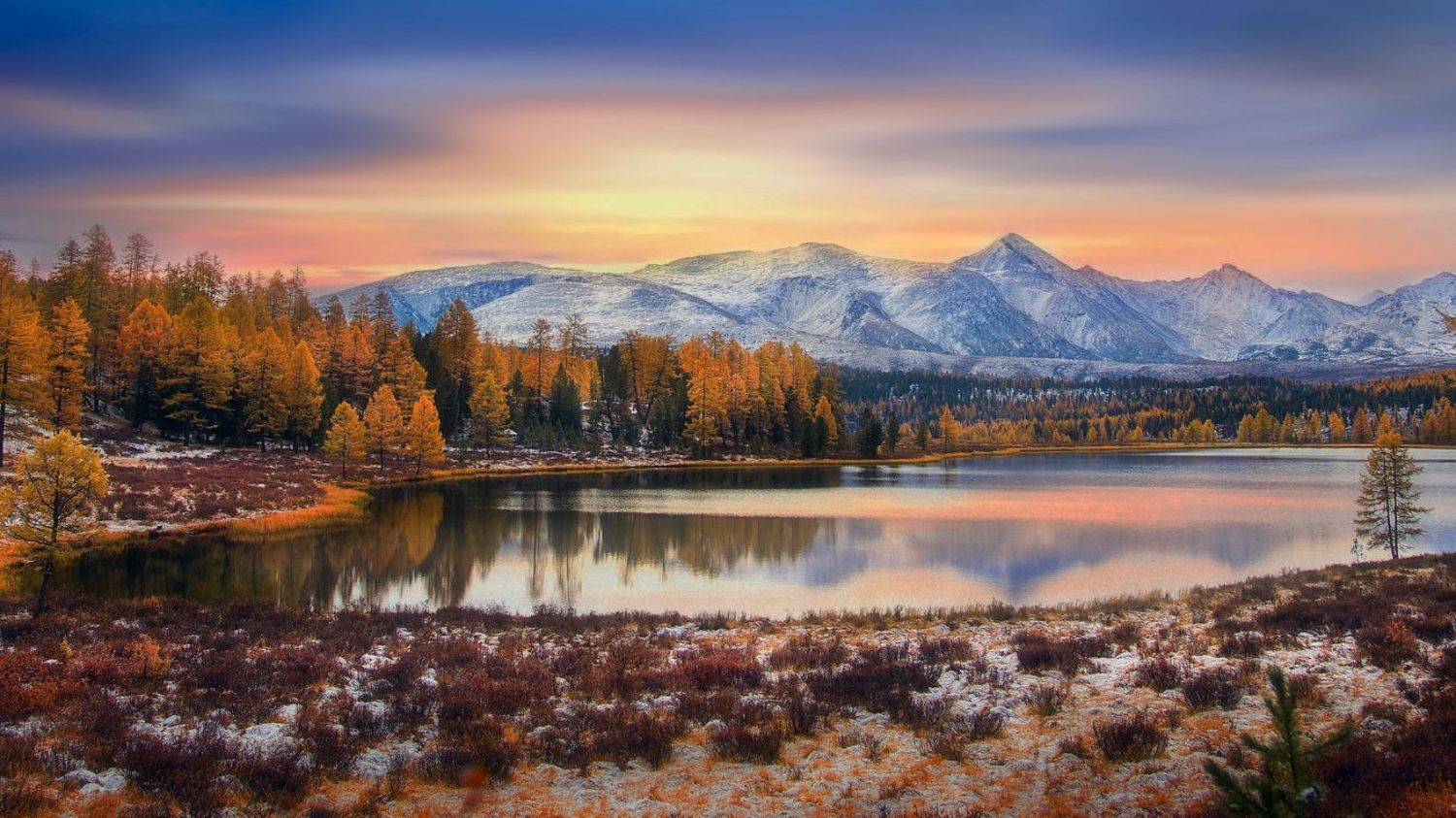 киделю, озеро, осень, октябрь, пейзаж, лиственицы, природа, горы, лес, Художников Павел