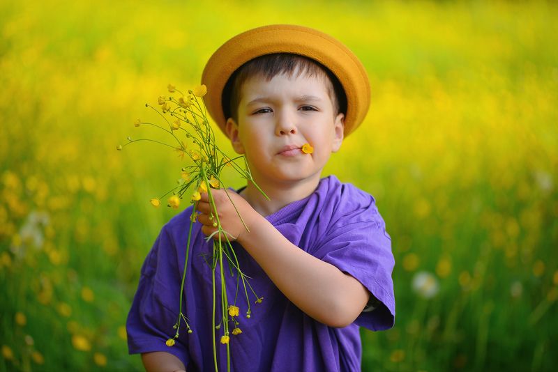поле, желтый, шляпа, дети, ребенок, букет, хулиган photo preview