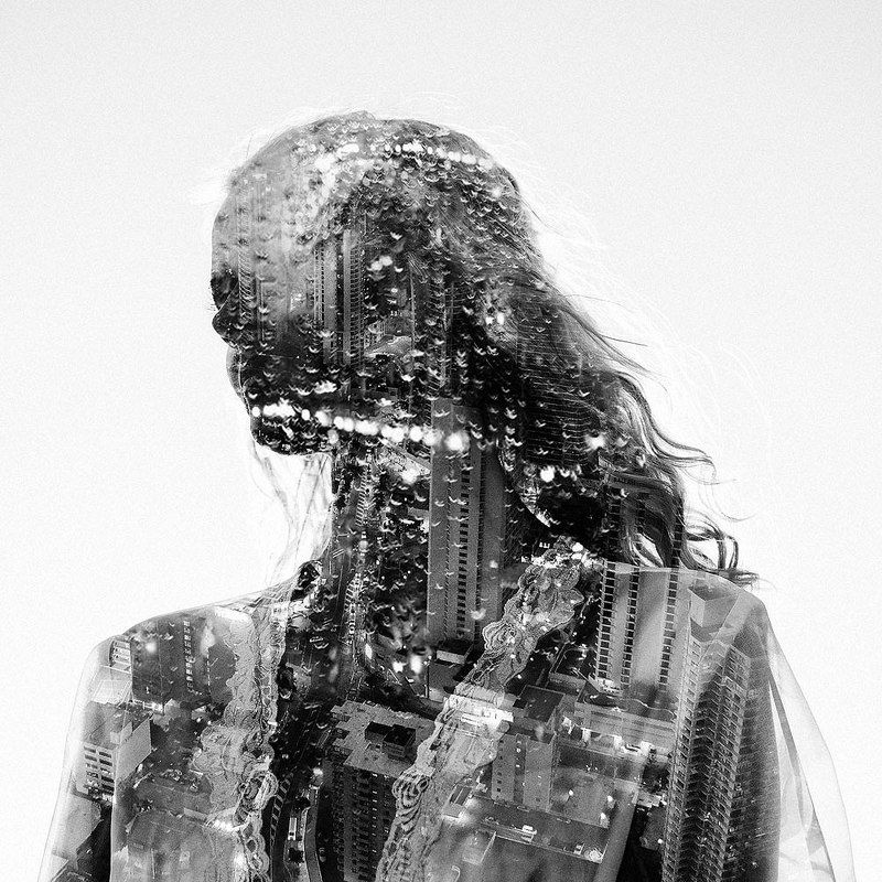 девушка, мультиэкспозиция, фотография, чб, город *** фото превью