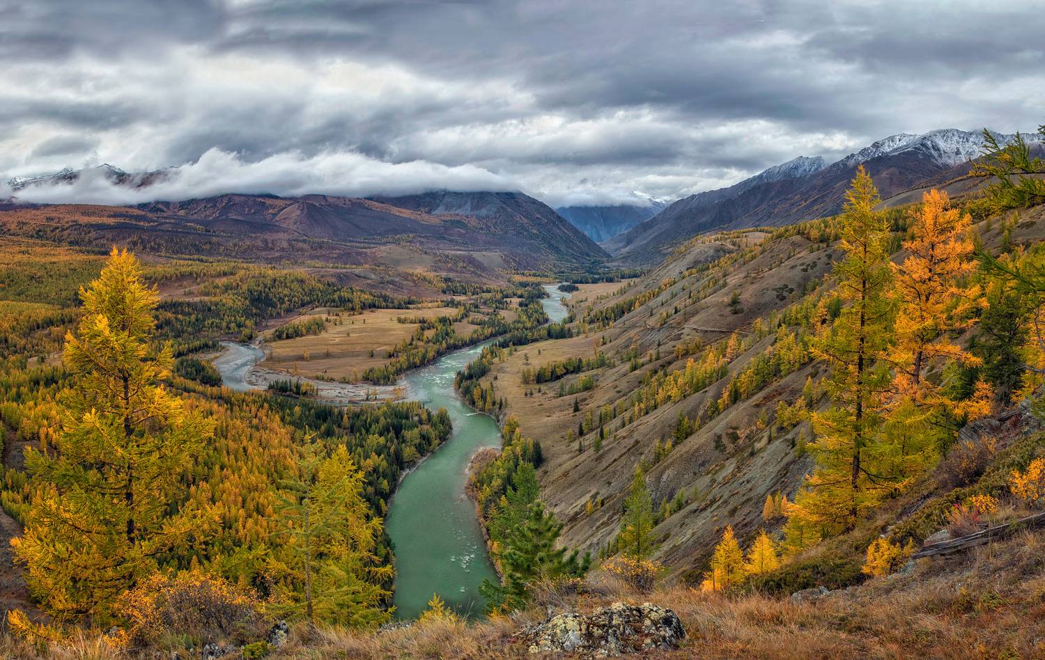 После осеннего дождя.... Автор: Lora Pavlova горный алтай,сентябрь,долина аргута,вдали слияние с рекой коксу,тучи,лиственницы, Lora Pavlova