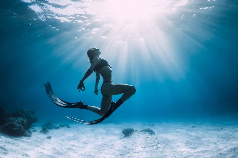 freediving, freediver, freedive, diver,  underwater, deep, woman, girl, lady, apnea, blue, ocean, sea, transparent, water, rays, sensual, lady, fins, tropical, posing Meditationphoto preview