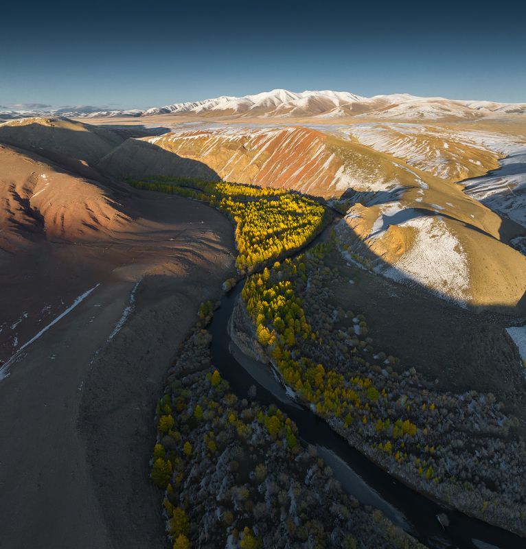 горный алтай, кокоря, кызылшин, горы, река, лиственницы, осень, сентябрь, первый снег Кӧк-Ӧрÿ фото превью