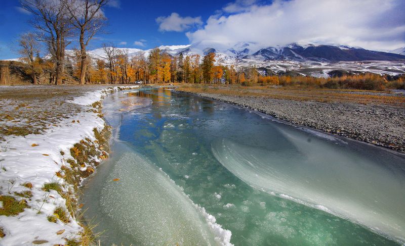 алтай, чуйский тракт, лед, снег, река, вода, осень, горы, чаган-узун Зима близкоphoto preview