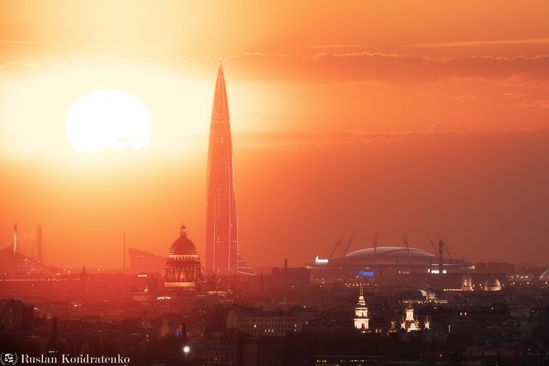 санкт-петербург, закат, исаакиевский собор, лахта-центр, лахта, небоскреб, прострел, газпром арена, стадион, time blending Лахта-Центр, Исаакиевский собор и Газпром аренаphoto preview
