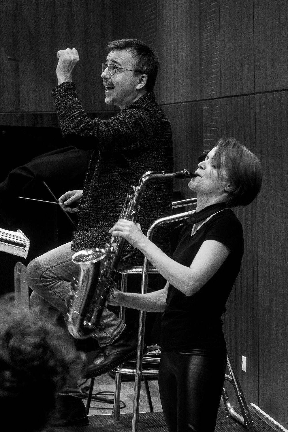 черно-белое, ЧБ, Репетиция, Саксофон, дирижер, Алексей Школдин