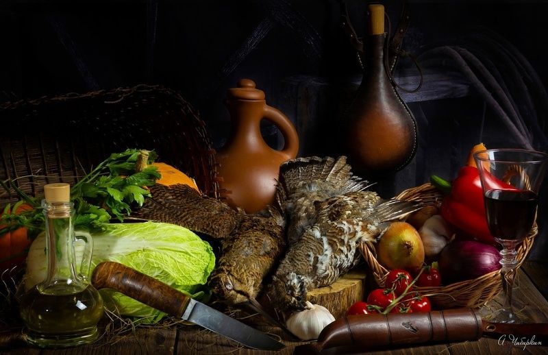 дичь, овощи, кухня, натюрморт, бокал, вино, охота, добыча натюрморт с дичьюphoto preview