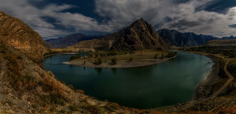 Алтай, Горный алтай, Горы, Катунь, Небо, Ночь, Осень, Панорама, Пейзаж, Природа, Река, Сибирь Катунь ночьюphoto preview