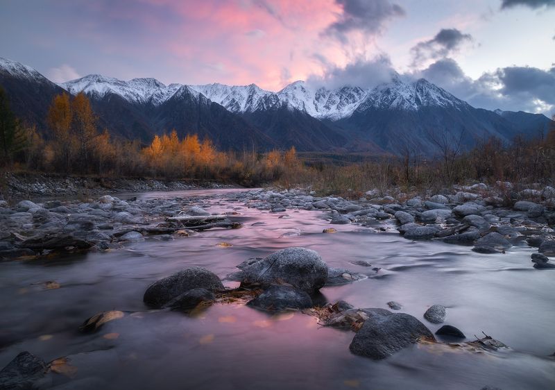 алтай, горный алтай, горы, осень в горах, золотая осень, кош-агачский район, катунский хребет, природа алтая, республика алтай, сибирь, горный поток Сумерки на Карагемеphoto preview