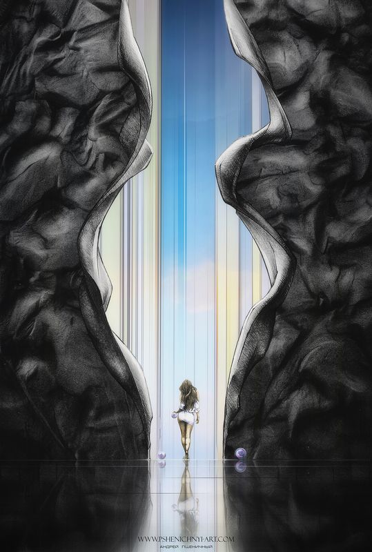 свет, силуэт, девушка, прогулка, мистика, портал, разрыв, концепт, матрица, небо, туман Раздвигая границыphoto preview