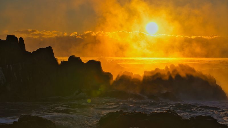 seascape, sunrise, water fog, backlight, silhouette, waves, seaside rocks, clouds,   Sunrisephoto preview