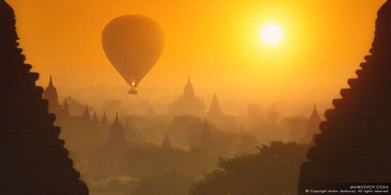Myanmar, Burma, stupa, Bagan, Asia, buddhist, old, balloon, architecture, travel, travelling, pagoda, morning, sunrise, trees, fog,   Мьянма, Бирма, Азия, Баган, буддизм, архитектура, ступа, пагода, путешествия, утро, рассвет, воздушный шар, деревья, тума HERE COMES THE SUN photo preview