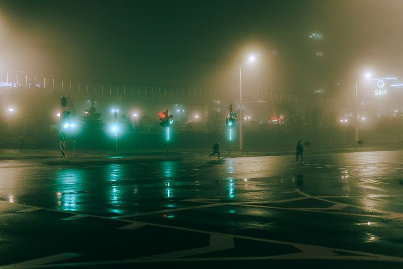 city, urban, street, fog, people, город, туман, люди На переходе в туманном городеphoto preview