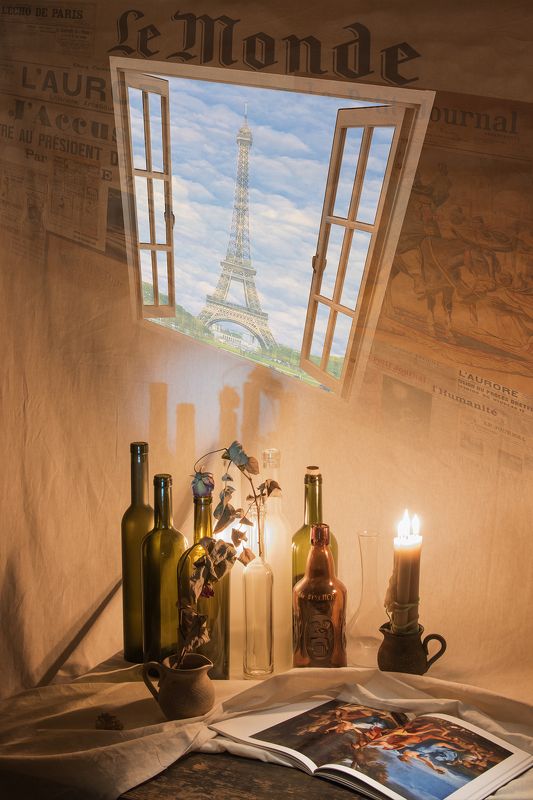 book, bottle, bottles, candle, candlelight, candlelit, collage, color, colors, concept, conceptual, digital, digital art, editing, photo collage, photography, still life, surreal, surrealism, table, Le Mondephoto preview