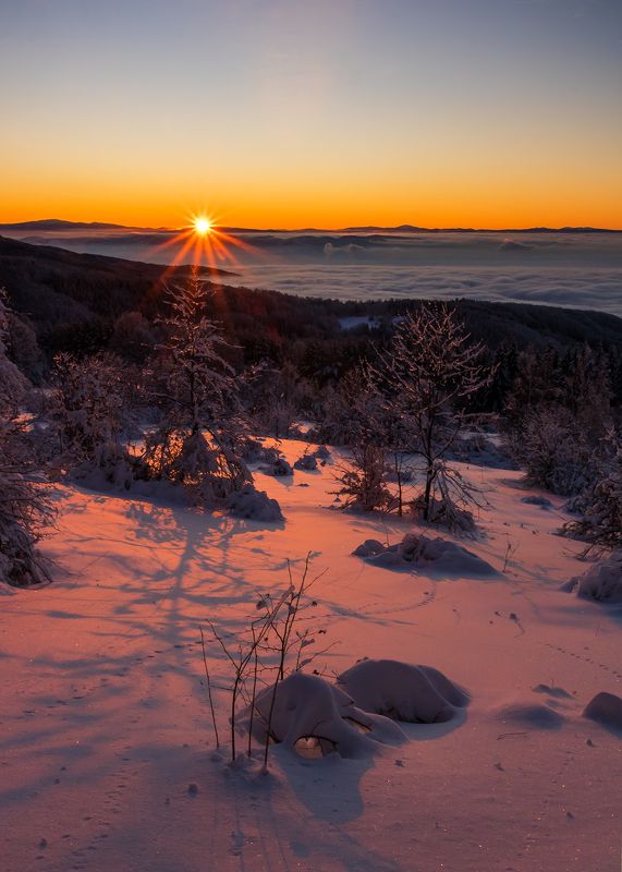 sunset, mountain, snow, winter, sun Warmth in coldphoto preview