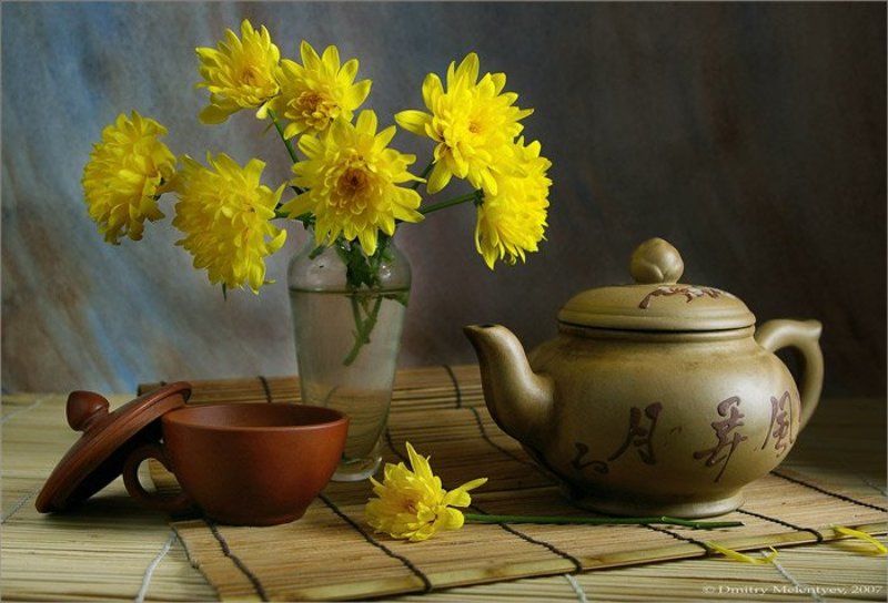 чаепитие зелёный чай китай цветы натюрморт tea green china still-life Утренний чайphoto preview