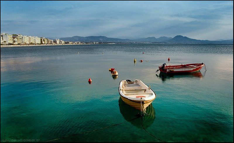 побережье, афины, греция, вечер, вода, посейдон .boats (или спокойный Посейдон)photo preview