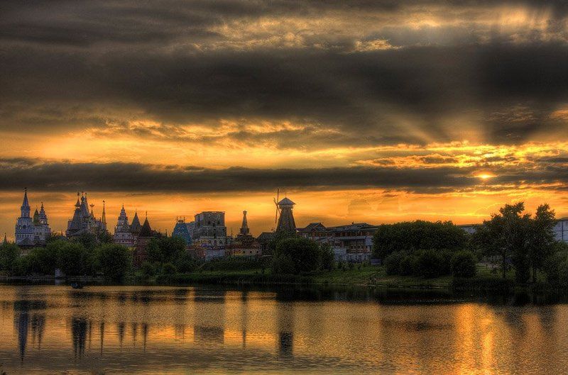 закат, озеро, солнце, мельница, сказка photo preview