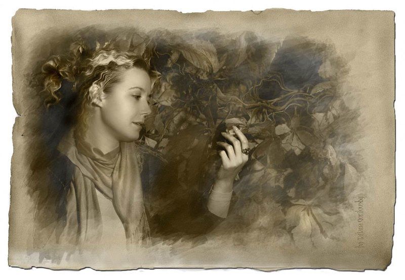 девушка, листья, грусть, стилизация Листок из альбома...photo preview