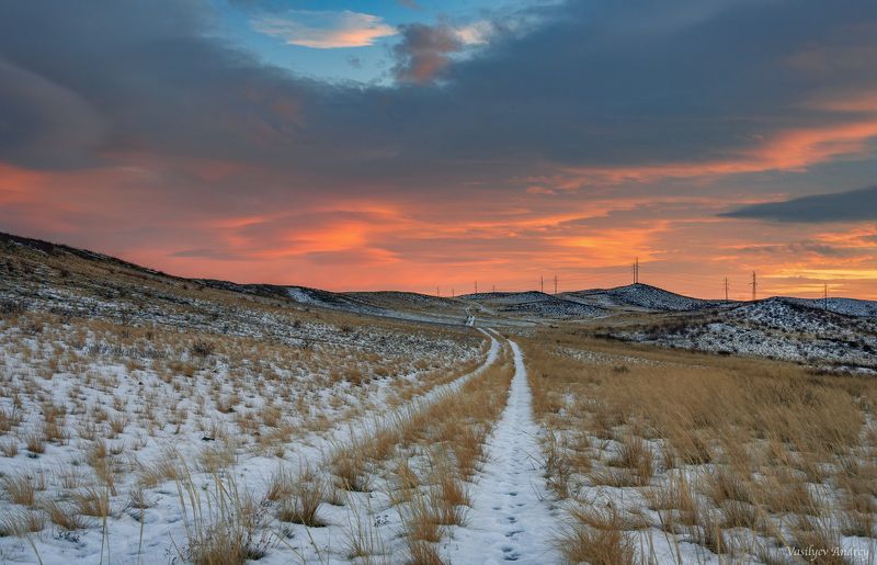 зима, оренбургская область, дорога, вечер, небо, закат ***photo preview