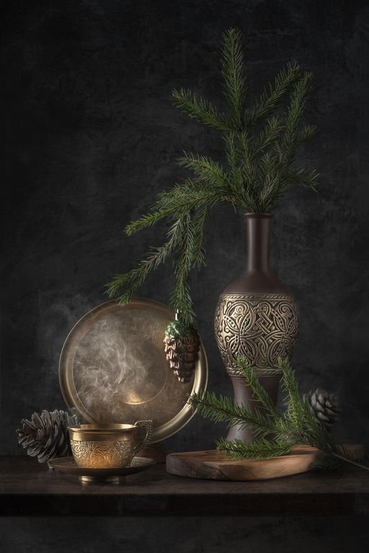 чай, чашка, кувшин, ваза, ель, шишки, натюрморт photo preview