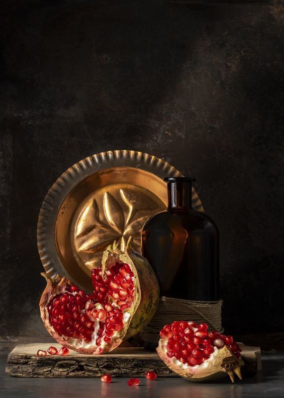 red, antique, pomegranate, gold, art, design, objects, fruit, studio, still life,  photo preview