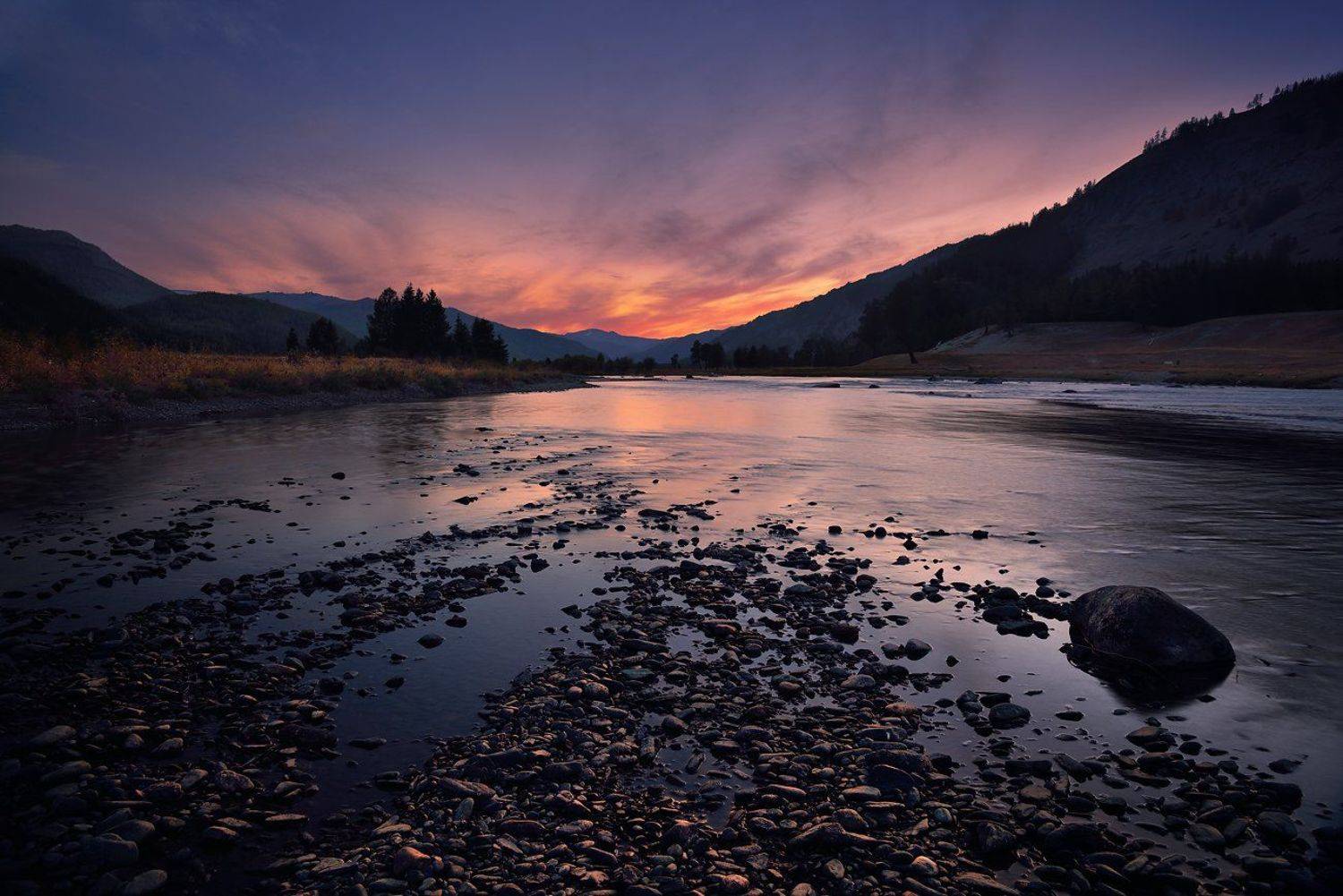 пейзаж, природа, вечер, закат, река, берег, камни, горы, самаха, алтай, сибирь, красный, высокий, большой, Дмитрий Антипов