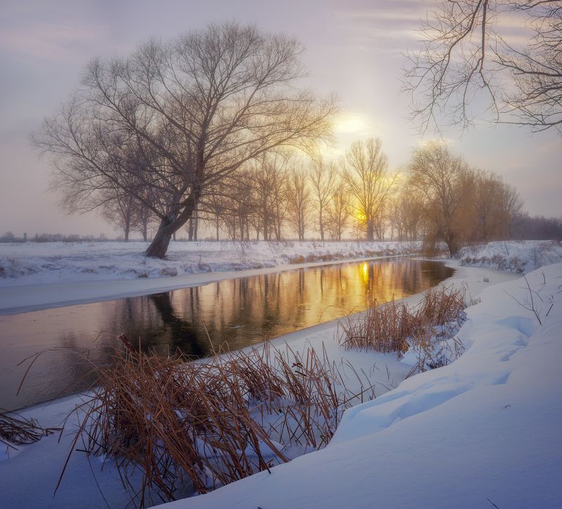 snow, nature, winter, evening, sunset, river ***photo preview