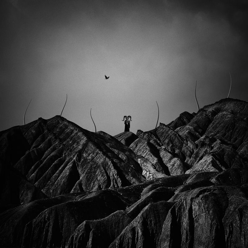 fineart, blackandwhite, conceptual, dark, darkart, mountain, gothic, doom, evil, baphomet, photography, bnw, landscape, photomontage, photomanipulation, vision,  Demon of the Mountains photo preview